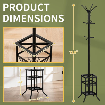 Coat Rack Freestanding - Coat Tree with Umbrella Holder, Metal Coat Rack Stand with 12 Hooks, Modern Coat Hanger Stand for Entryway, Purse Rack Hat Rack Stand for Living Room Bedroom Office