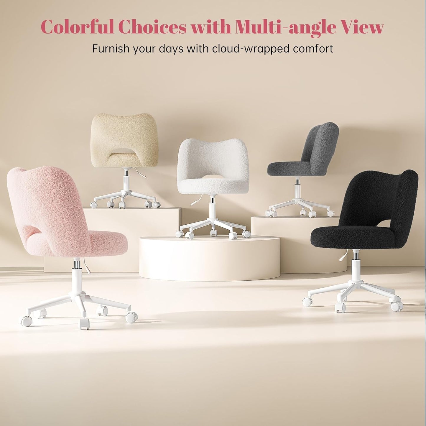 Vanity Chair with Wheels Pink,Cute Vanity Chair with Back,Ultra-Plush Fleece Cute Desk Chair, Small Office Chair Height Adjustable,For Make-Up Room,Bedroom
