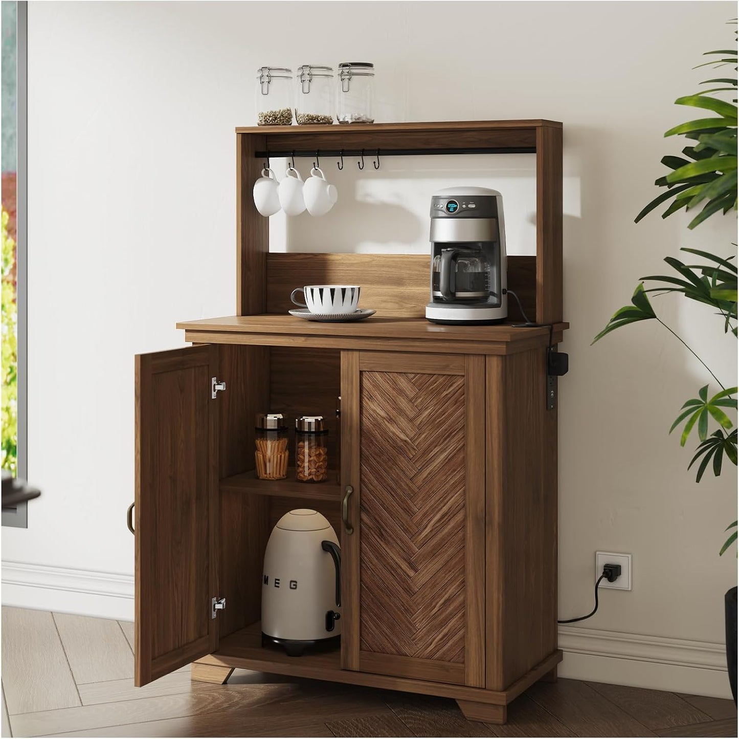 Farmhouse Coffee Bar Cabinet with Storage,31.5" Kitchen Cabinet with Hooks and Charging Station,Coffee Station with Adjustable Shelf and Hutch,Sideboard for Living Dining Room