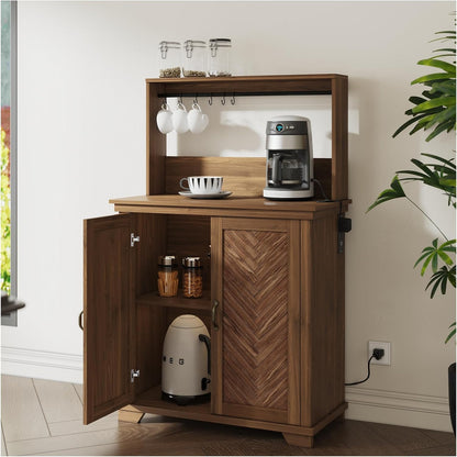 Farmhouse Coffee Bar Cabinet with Storage,31.5" Kitchen Cabinet with Hooks and Charging Station,Coffee Station with Adjustable Shelf and Hutch,Sideboard for Living Dining Room