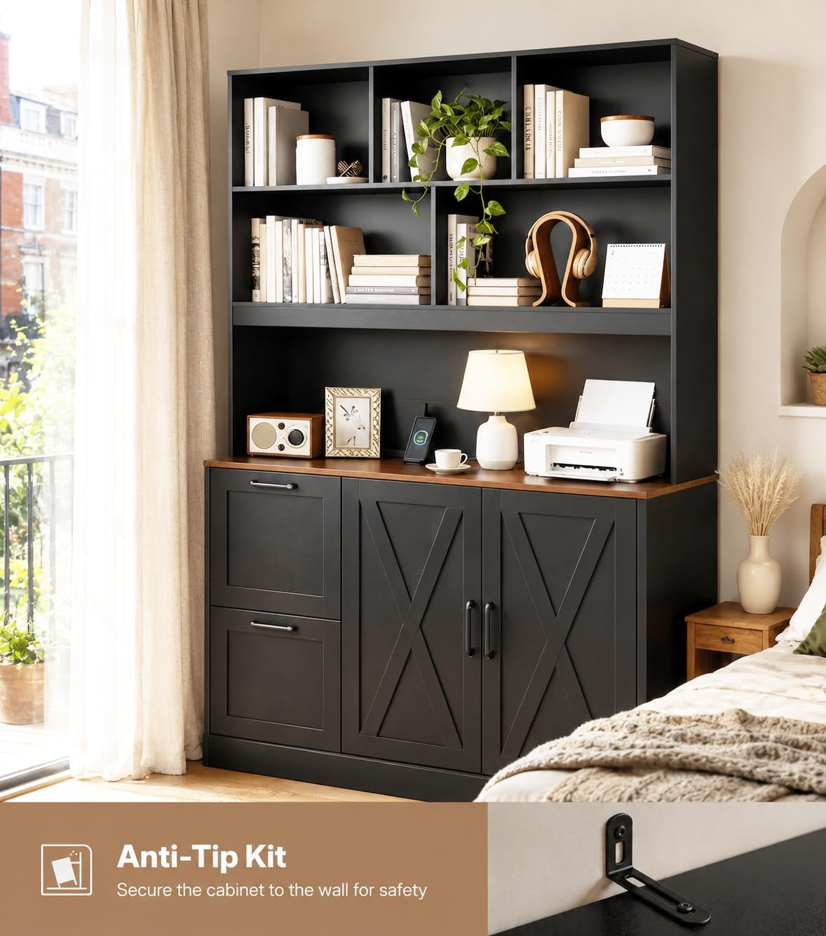 72'' Tall Bookshelf with Power Outlet, 2 Drawer File Cabinet for A4 Hanging Files, 3-Tier Open Shelves & Closed Storage Cabinets, Multifunctional Printer Stand - Black