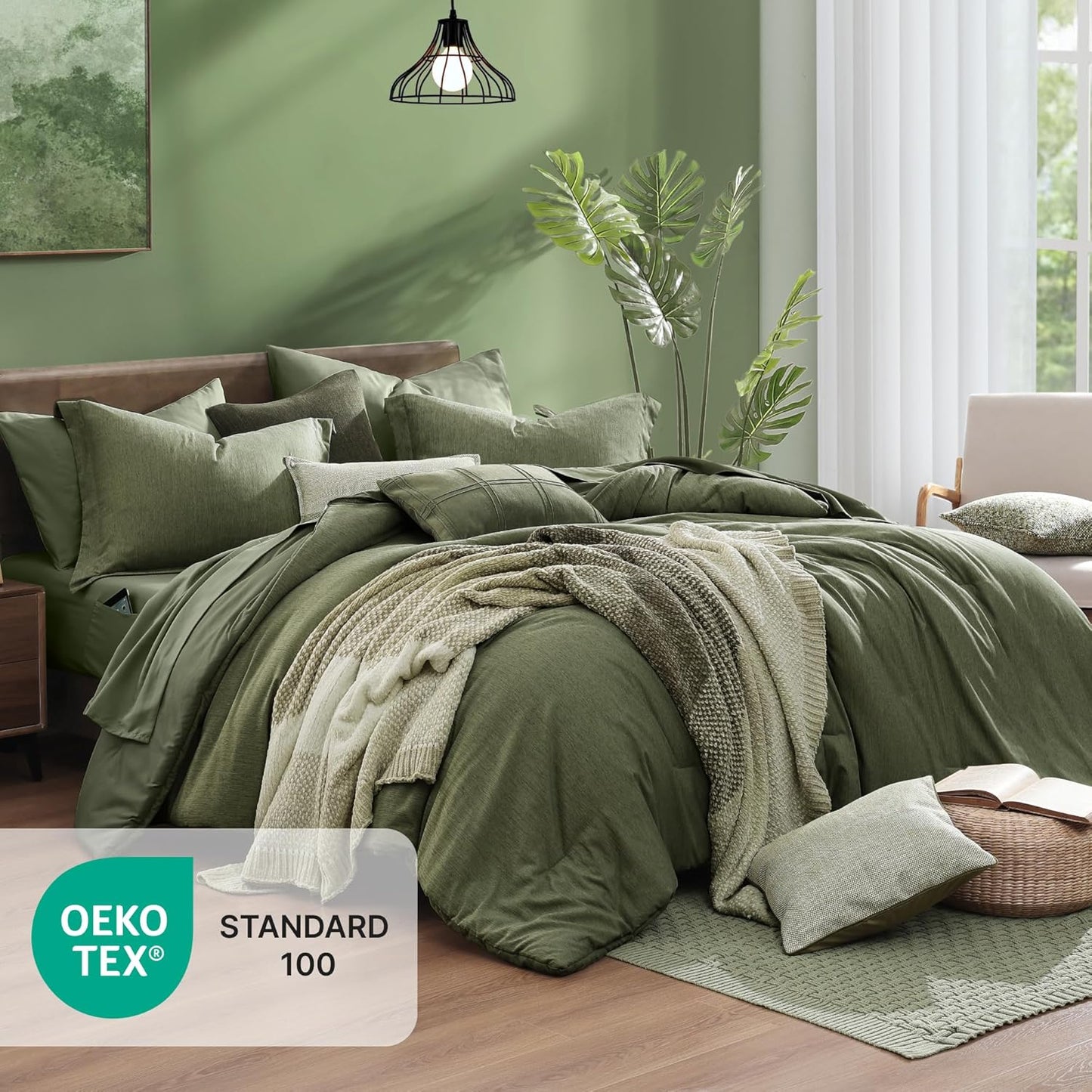 Queen Comforter Set - 7 Pieces Cationic Dyeing Olive Green Bed in a Bag Queen Bedding Sets with Comforter, Sheets, Pillowcases & Shams, Reversible Bedding Comforters Sets