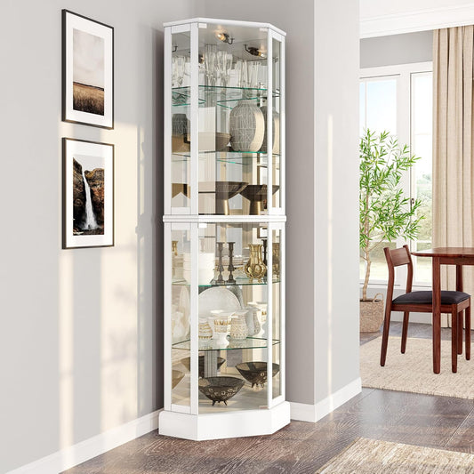Lighted 3-Side Glass Display Curio Cabinet with Tempered Glass Doors and Shelves, Curved Wood Corner Cabinet with Bulb, Corner Curio Storage Rack for Bar and Liquor Storage - Ashfield (White)