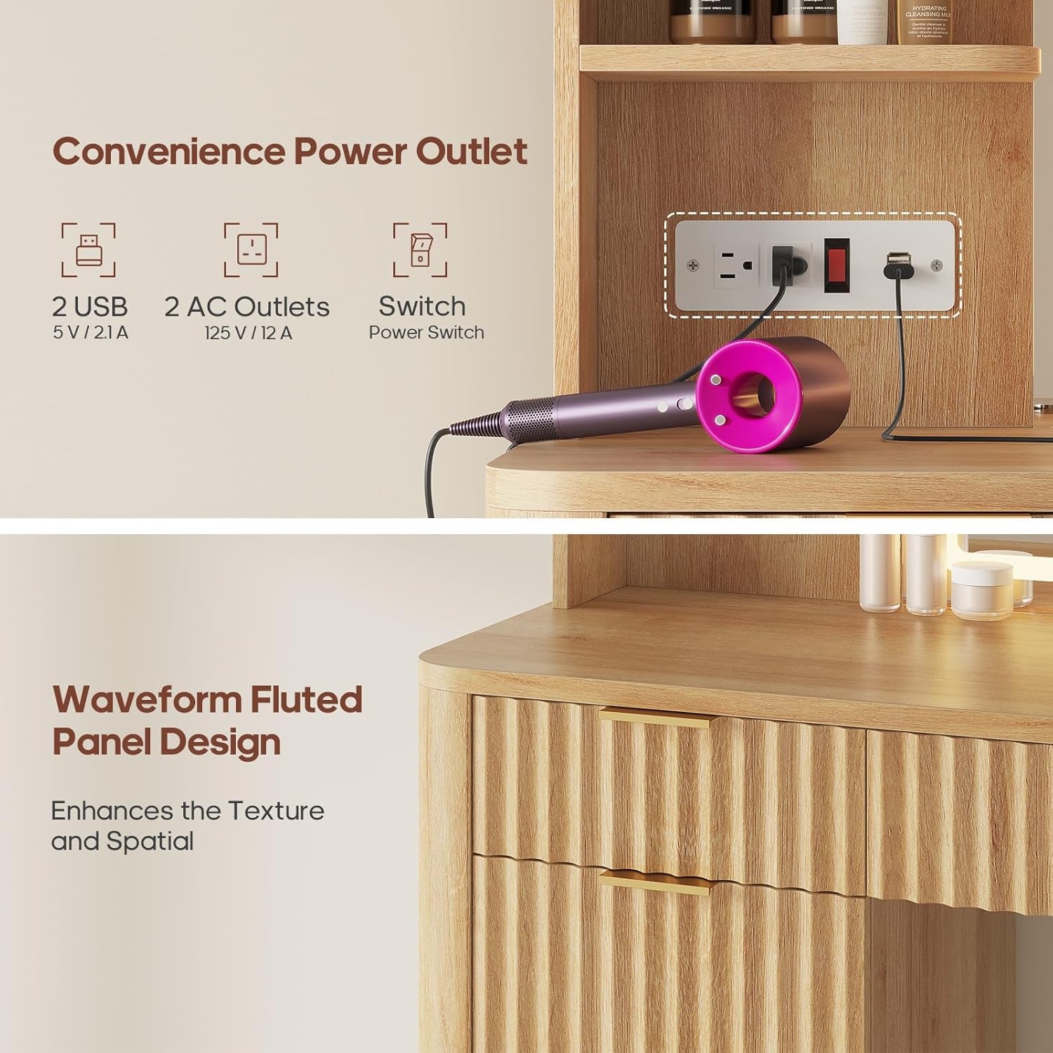 51.2" Fluted Makeup Vanity Desk with Large 30.3" Mirror and Lights, 5 Drawer Vanity with Power Strip, 6 Open Shelves, 2 Cabinet，Modern Dressing Table with Solid Wood Legs for Bedroom, Oak