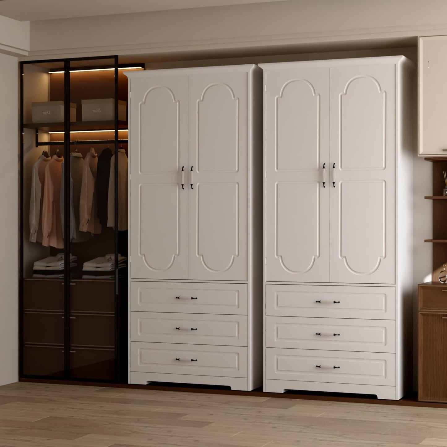 Armoire Wardrobe Closet with 3 Drawers and LED Light 72" Wooden Bedroom Armoire with 2 Doors and Retro Ceramic Door Handles Modern Wardrobe Cabinet with Removable Hanging Rod White