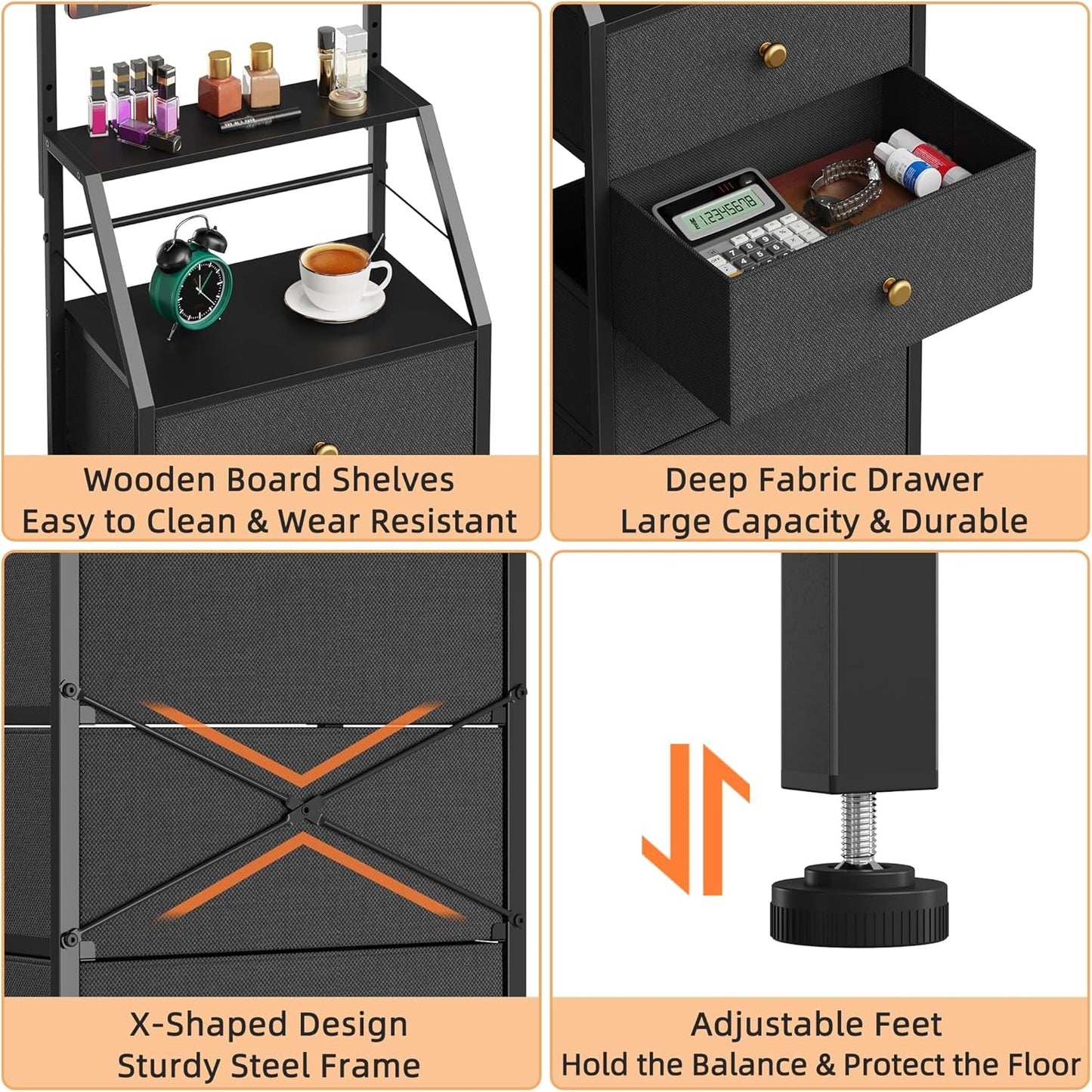 Dresser with Mirror, 4 Drawers Dresser with 2-Tier Shelves, Freestanding Fabric Chest of Drawers for Small Space, Tall Narrow Nightstand Vanity for Bedroom, Hallway, Dorm, Black, 15.3" W