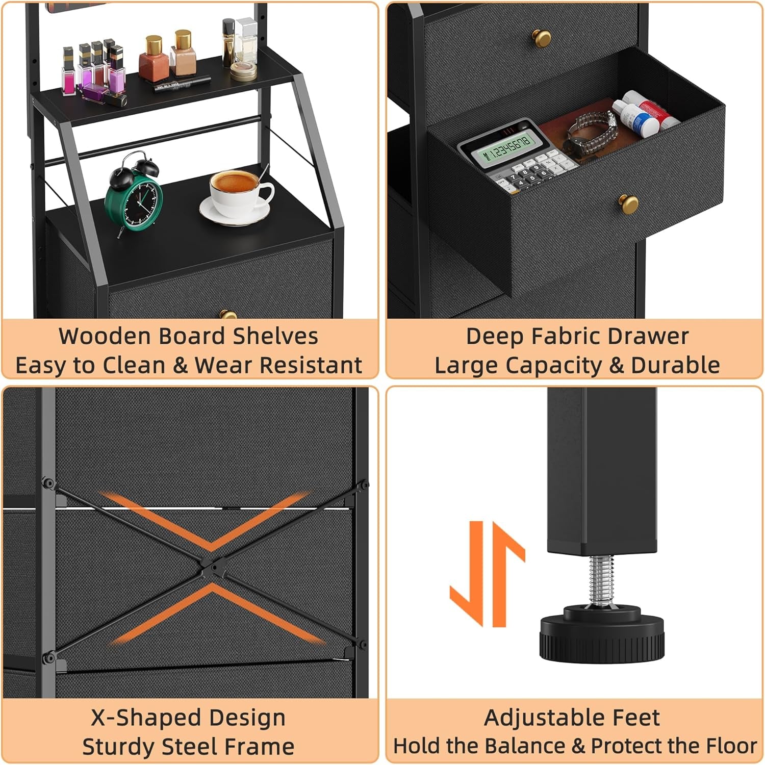 Dresser with Mirror, 4 Drawers Dresser with 2-Tier Shelves, Freestanding Fabric Chest of Drawers for Small Space, Tall Narrow Nightstand Vanity for Bedroom, Hallway, Dorm, Black, 15.3" W