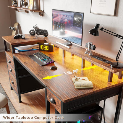 60" Computer Desk with File Cabinet and Storage Shelves, Reversible Home Office Desk with LED Lights, Full Monitor Stand, Power Outlets, Study Gaming Table with 4 Drawers, Rustic Brown