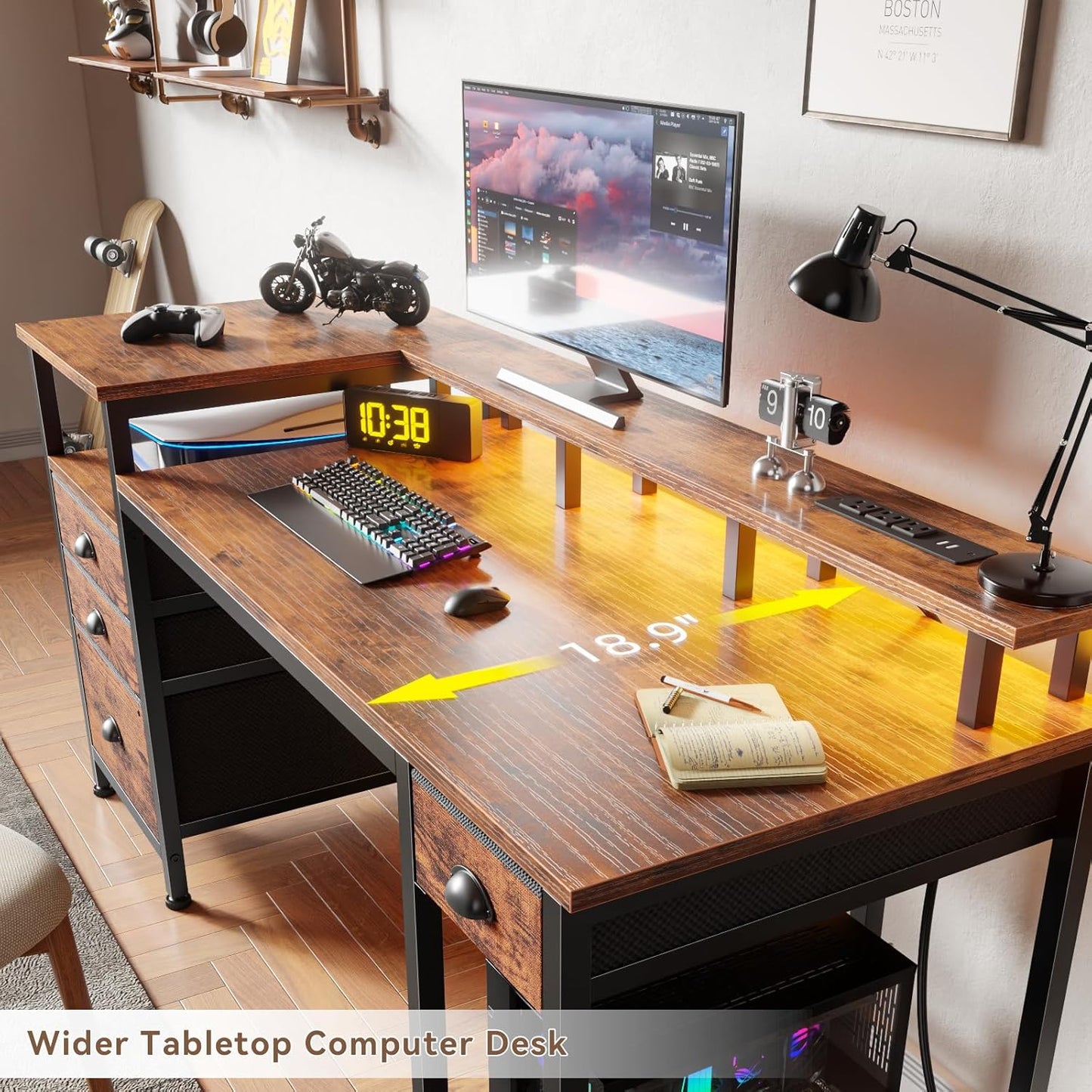 60" Computer Desk with 4 Drawers and Printer Space, Gaming Desk with LED Lights and USB Power Outlets, Office Desk with Fabric File Cabinet, Work Table with Shelf for Bedroom, Rustic Brown