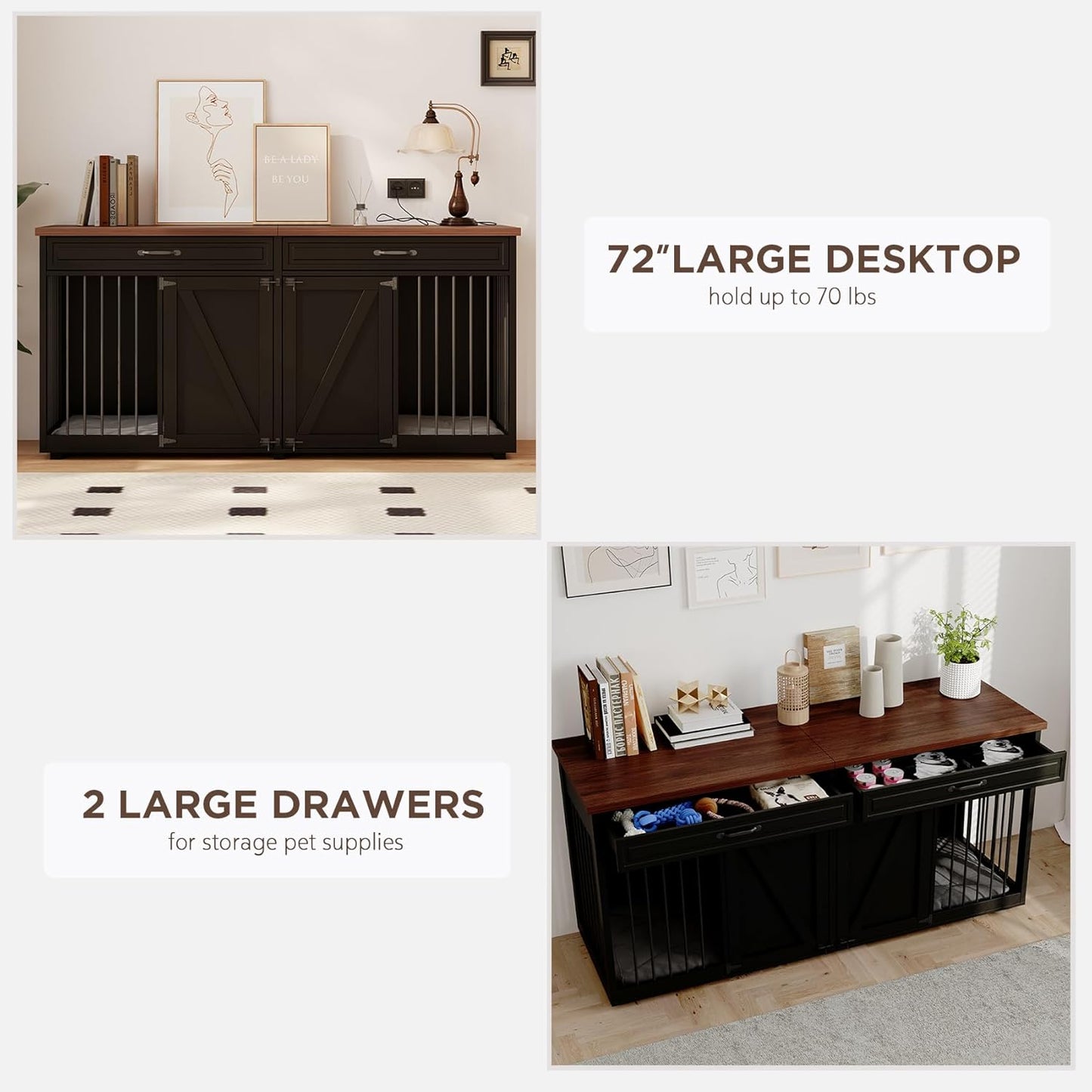 Furniture Style Dog Crate - Indoor Wooden Dog Kennel Furniture with 2 Drawers & Room Divider - 72" L X 23.6" W X 34" H - Black