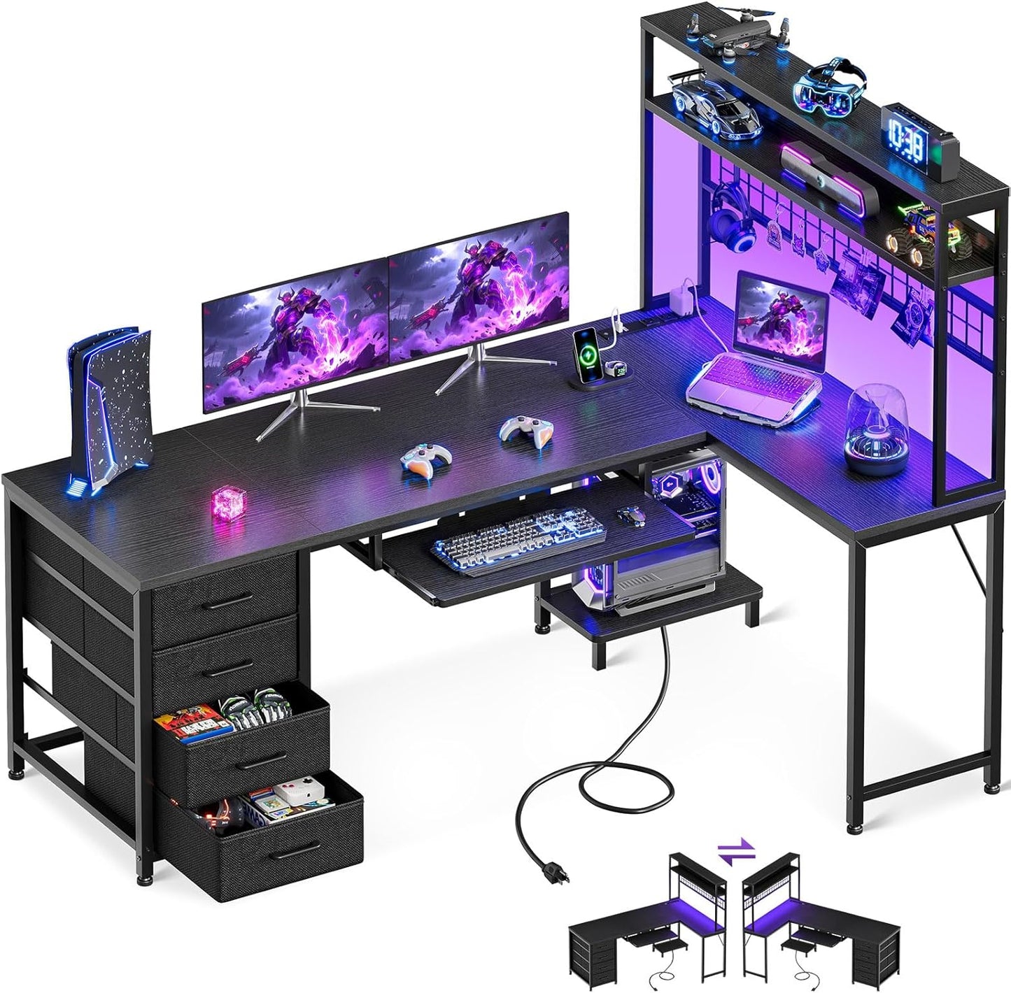 59 Inch L Shaped Desk with 4 Drawers, Gaming Desk with Led Lights & Power Outlets, Computer Desk with Pegboard & Keyboard Tray, Reverisble Home Office Desk with Storage Shelves & CPU Stand, Black