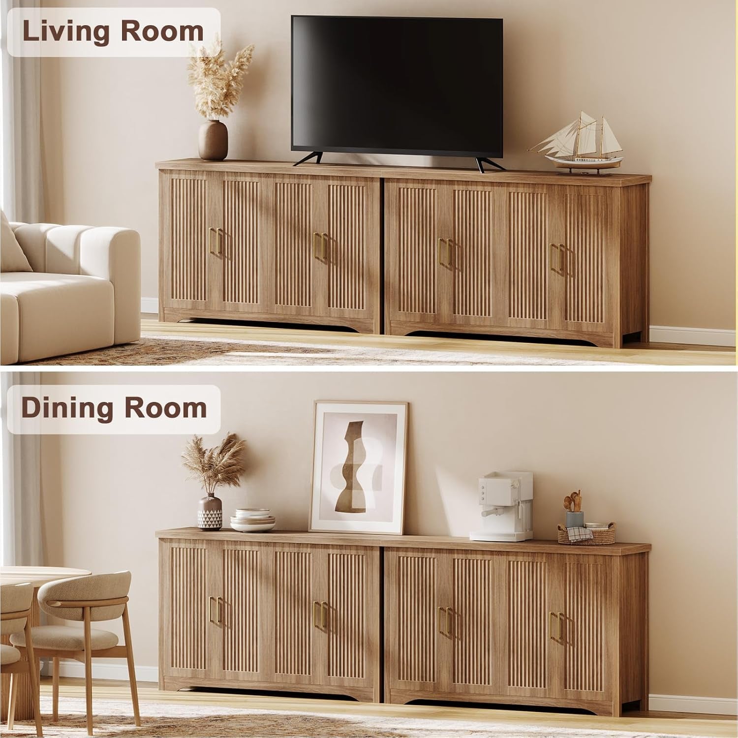 Fluted Buffet Cabinet with Storage Accent Sideboard,Modern Credenza with 4 Doors & Adjustable Shelves,Wood Coffee Bar Table Console for Dining Room Kitchen Living Room Entryway,Natural Oak