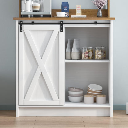 Farmhouse Coffee Bar with Hutch, White Coffee Bar Cabinet with Storage Sliding Barn Door, 31 Inch Buffet Cabinet with 6 Hooks, Coffee Bar Table with Adjustable Shelves for Living Dining Room
