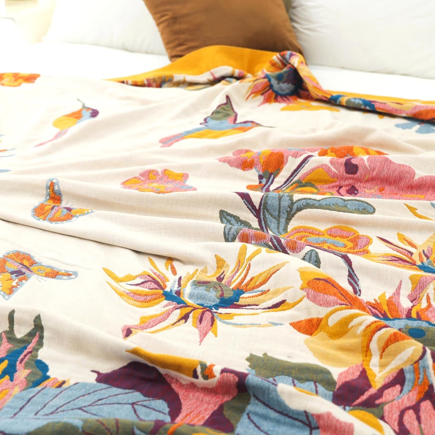 Boho Throw Blanket 60" X 80", 100% Organic Cotton Skin-Friendly Lightweight Ultra Soft Bed Quilt Throw - Fall Floral Butterfly Farmhouse Decor Blanket for Sofa Couch Chair and Gift.