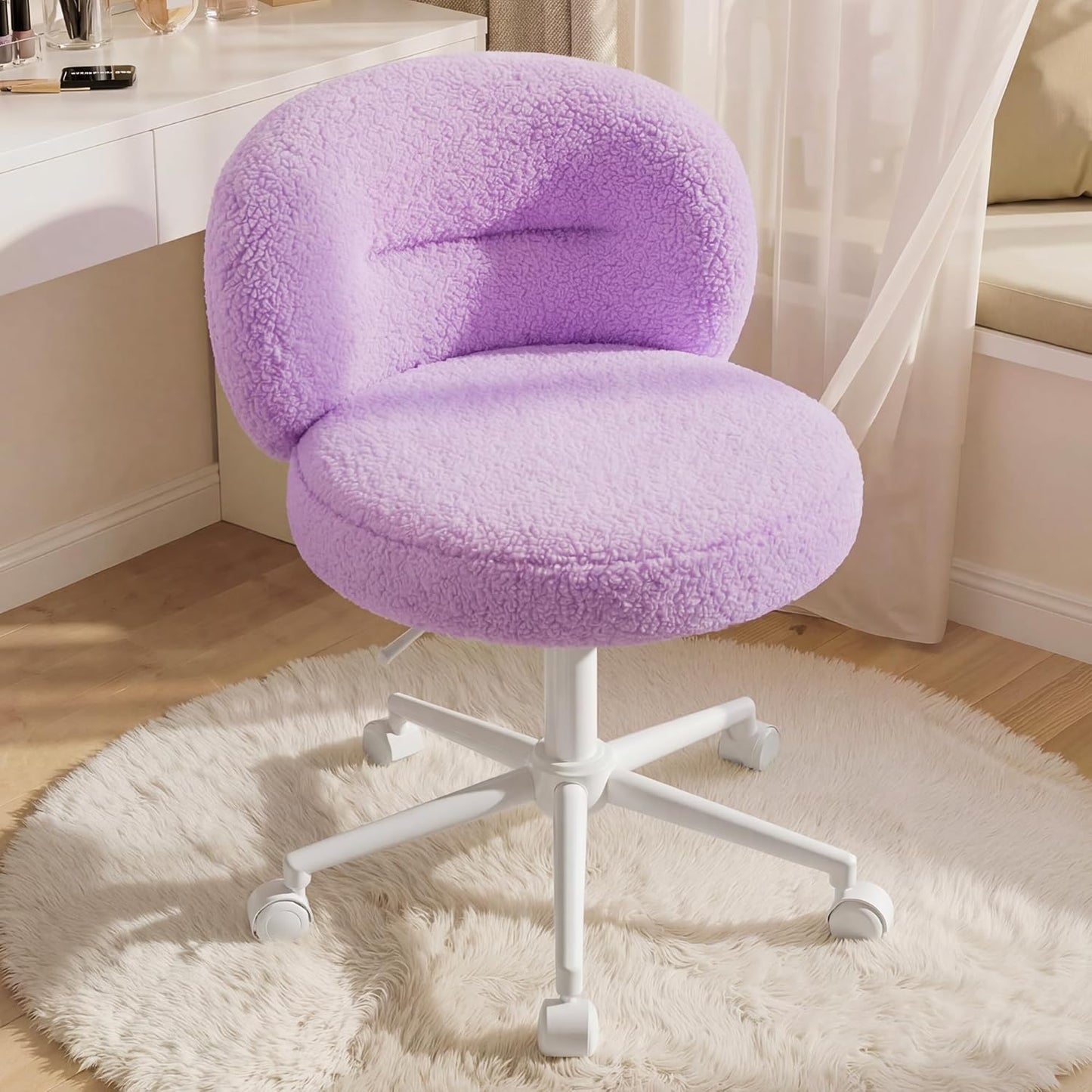 Small round Vanity Chair, Armless Home Office Desk Chairs with Back, Height Adjustable & 360° Swivel, Cute Comfy Vanity Computer Chair for Bedroom, Home Office, Purple