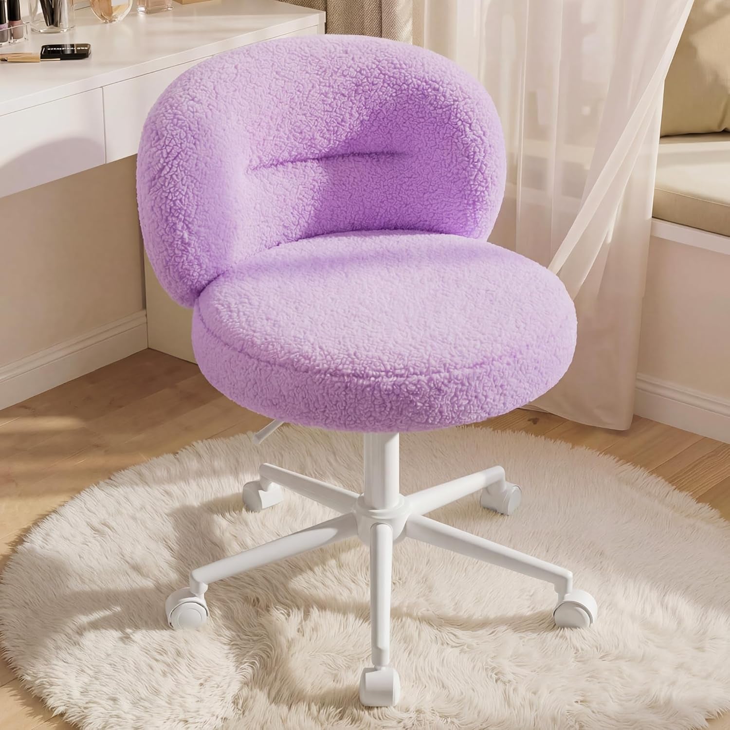 Small round Vanity Chair, Armless Home Office Desk Chairs with Back, Height Adjustable & 360° Swivel, Cute Comfy Vanity Computer Chair for Bedroom, Home Office, Purple