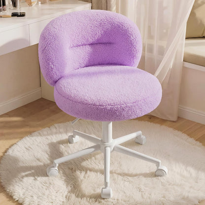 Small round Vanity Chair, Armless Home Office Desk Chairs with Back, Height Adjustable & 360° Swivel, Cute Comfy Vanity Computer Chair for Bedroom, Home Office, Purple