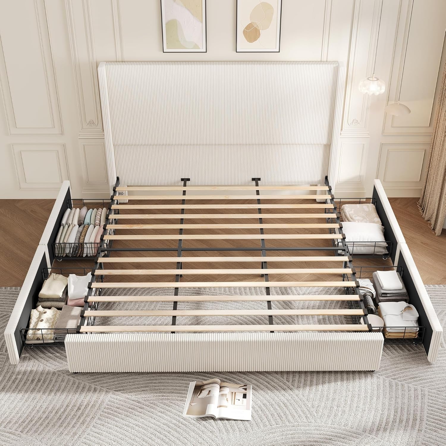 King Size Bed Frame with Storage Drawers, Corduroy Upholstered Platform Bedframe with Wingback, Headboard and Footboard, No Box Spring Needed, Beige