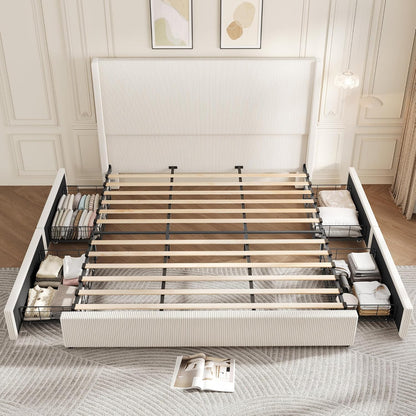 King Size Bed Frame with Storage Drawers, Corduroy Upholstered Platform Bedframe with Wingback, Headboard and Footboard, No Box Spring Needed, Beige