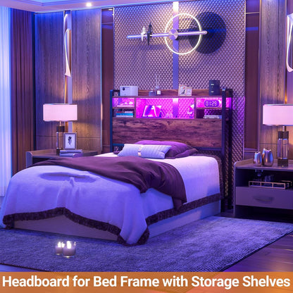 Headboard for Twin Size Bed with Storage, Headboards with LED Light, Power Outlets, USB Ports Twin Size Head Board, Wood Headboard Only Sturdy and Stable Headboards, Rustic Brown