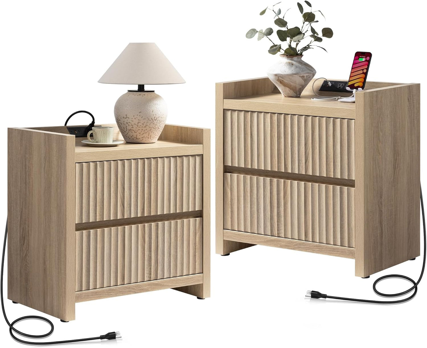 Fluted Night Stand Set 2 - Nightstands with Charger Station, Large Modern Bedside Table End Table with 2 Drawers, 25" Wide Farmhouse Nightstand for Bedroom (Light Oak, 2 Pieces)