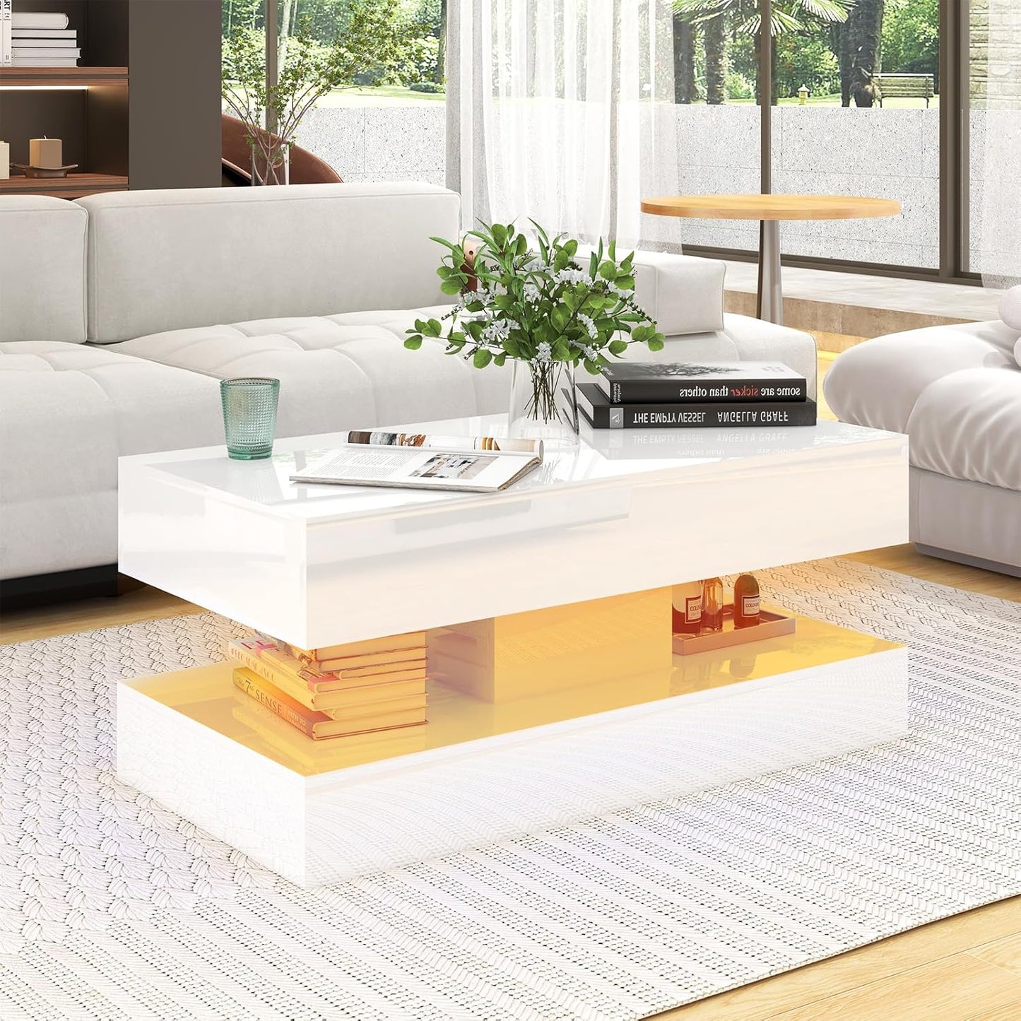 Modern High Gloss LED Coffee Table with Storage, 2-Tier Center Table with Open Display Shelf & 2 Sliding Drawers, Rectangle Coffee Tables for Living Room, Bedroom