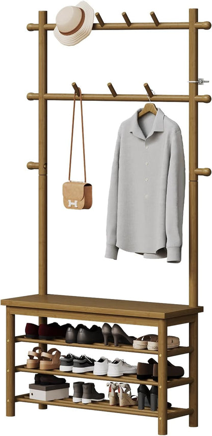 Bamboo Hall Tree with 13 Hook, 6-In-1 Entryway Bench with Coat Rack Freestanding, Coat Rack with Shoe Storage Bench Organizer for Mudroom, Bedroom, All-In-One Shoe Rack,Walnut
