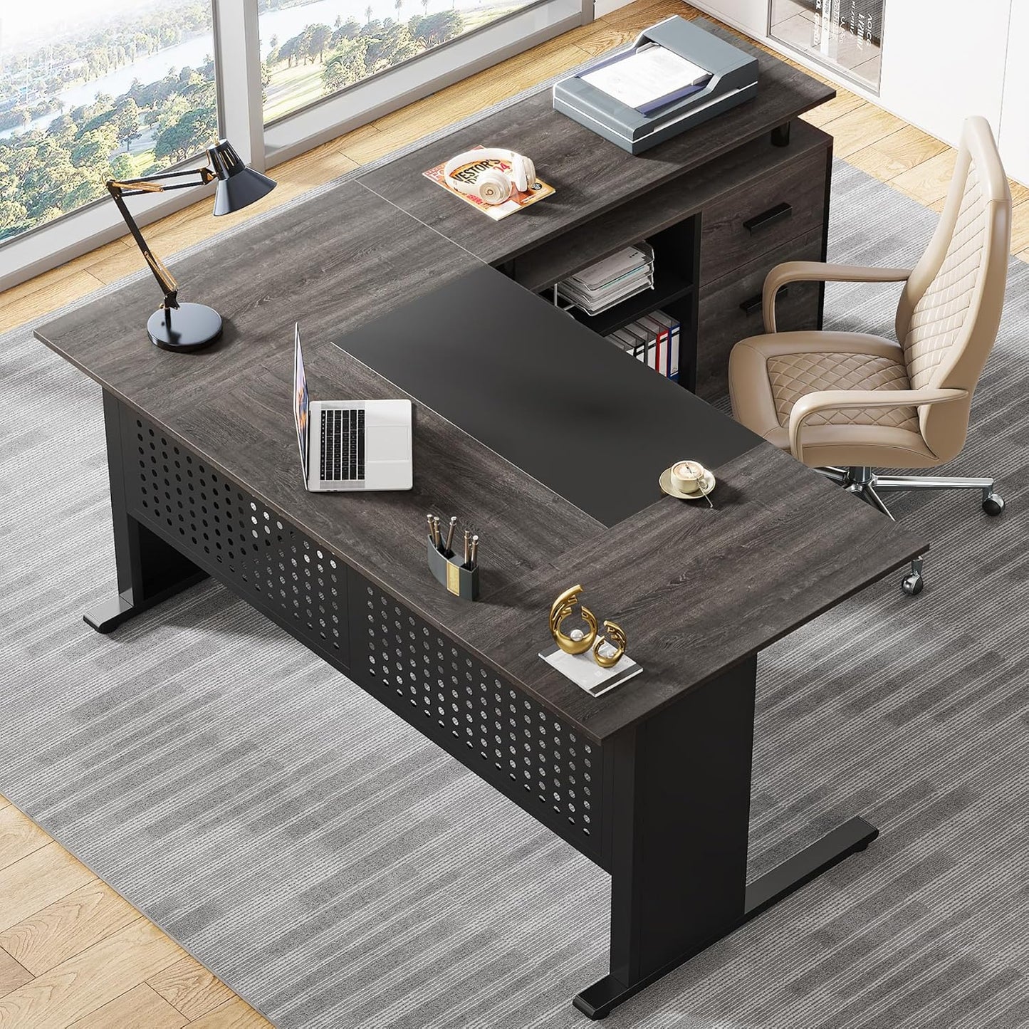 63 Inch Executive Desk with File Cabinet, L Shaped Office Desk with Drawers and Storage Shelves, Business Furniture Set Workstation for Home Office, Gray and Black