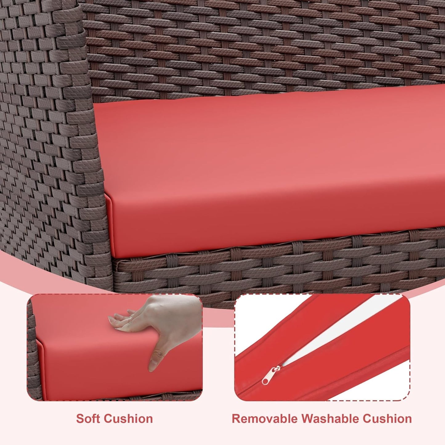 Modern 4-Person Outdoor Bistro Set with Tempered Glass Table – Weather-Resistant PE Rattan & Iron Frame Patio Furniture, Thick Red & Brown Polyester Cushions for Garden, Balcony, Deck