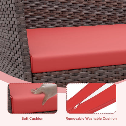 Modern 4-Person Outdoor Bistro Set with Tempered Glass Table – Weather-Resistant PE Rattan & Iron Frame Patio Furniture, Thick Red & Brown Polyester Cushions for Garden, Balcony, Deck