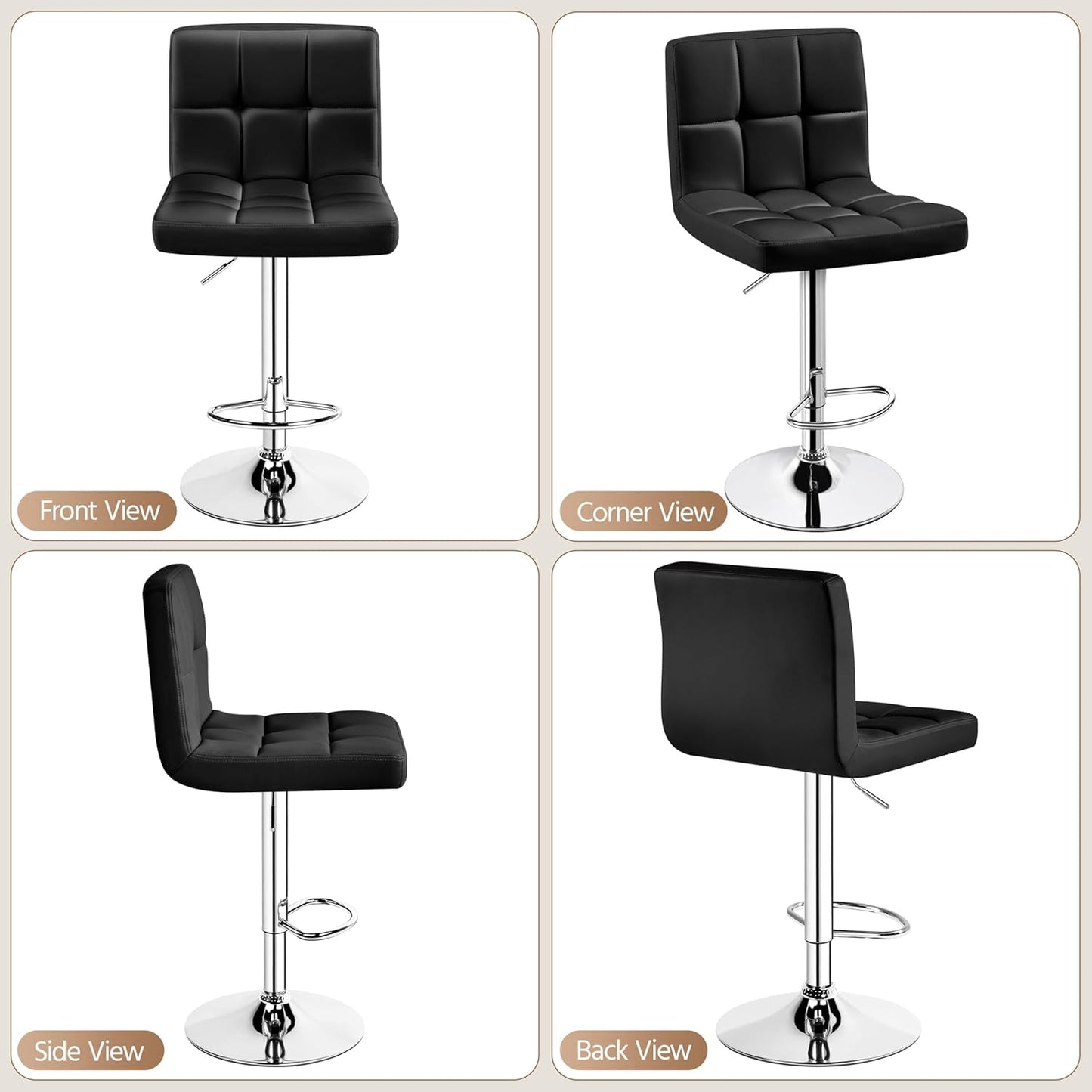 Bar Stools Set of 2, Adjustable PU Leather Swivel Barstools, Modern Counter Stools with Back and Footrest, Counter Height Barstools for Bar, Kitchen, Dining Room, Black