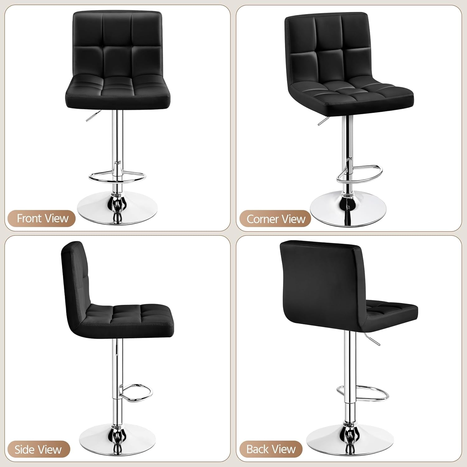 Bar Stools Set of 2, Adjustable PU Leather Swivel Barstools, Modern Counter Stools with Back and Footrest, Counter Height Barstools for Bar, Kitchen, Dining Room, Black