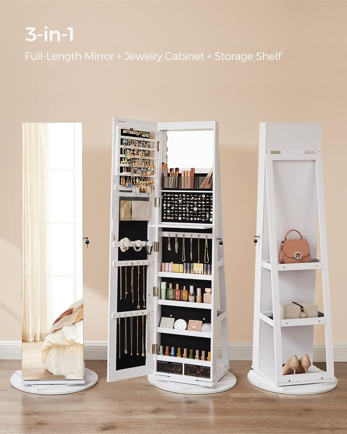 6 Leds Lockable Mirror Jewelry Cabinet, 360° Swivel Jewelry Organizer Armoire Standing, Frameless Full-Length Mirror, 3 Storage Shelves, White Surface, Black Lining UJJC007W01