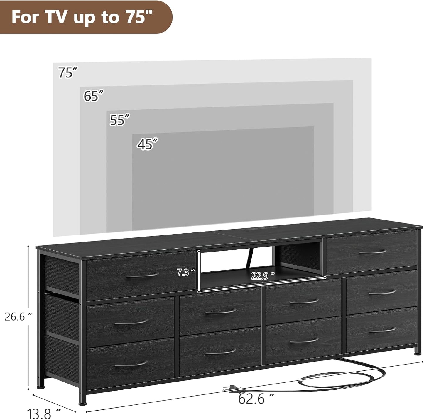 63” Long Dresser for Bedroom, TV Stand for 65 to 75 Inch TV, Black Dresser with 10 Fabric Drawers, Chest of Drawer for Closet, Entertainment Center with Power Outlet & LED Light