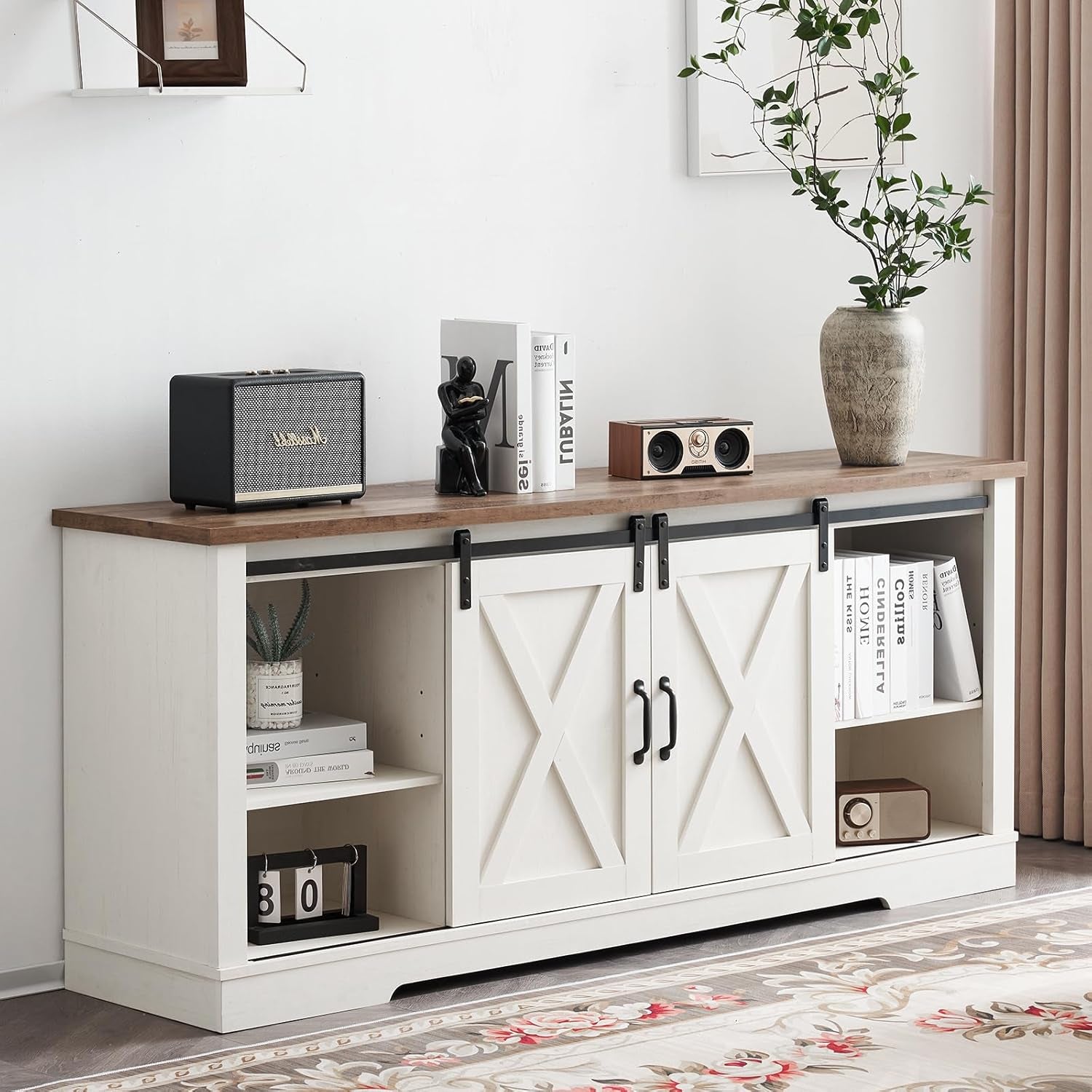 4-Piece Farmhouse Table Set Includes Sliding Barn Door TV Stand, Coffee Table& Two End Tables, Side Table with Charging Station and USB Ports, for Living Room, Distressed White, 66"