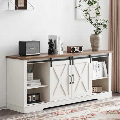 4-Piece Farmhouse Table Set Includes Sliding Barn Door TV Stand, Coffee Table& Two End Tables, Side Table with Charging Station and USB Ports, for Living Room, Distressed White, 66"