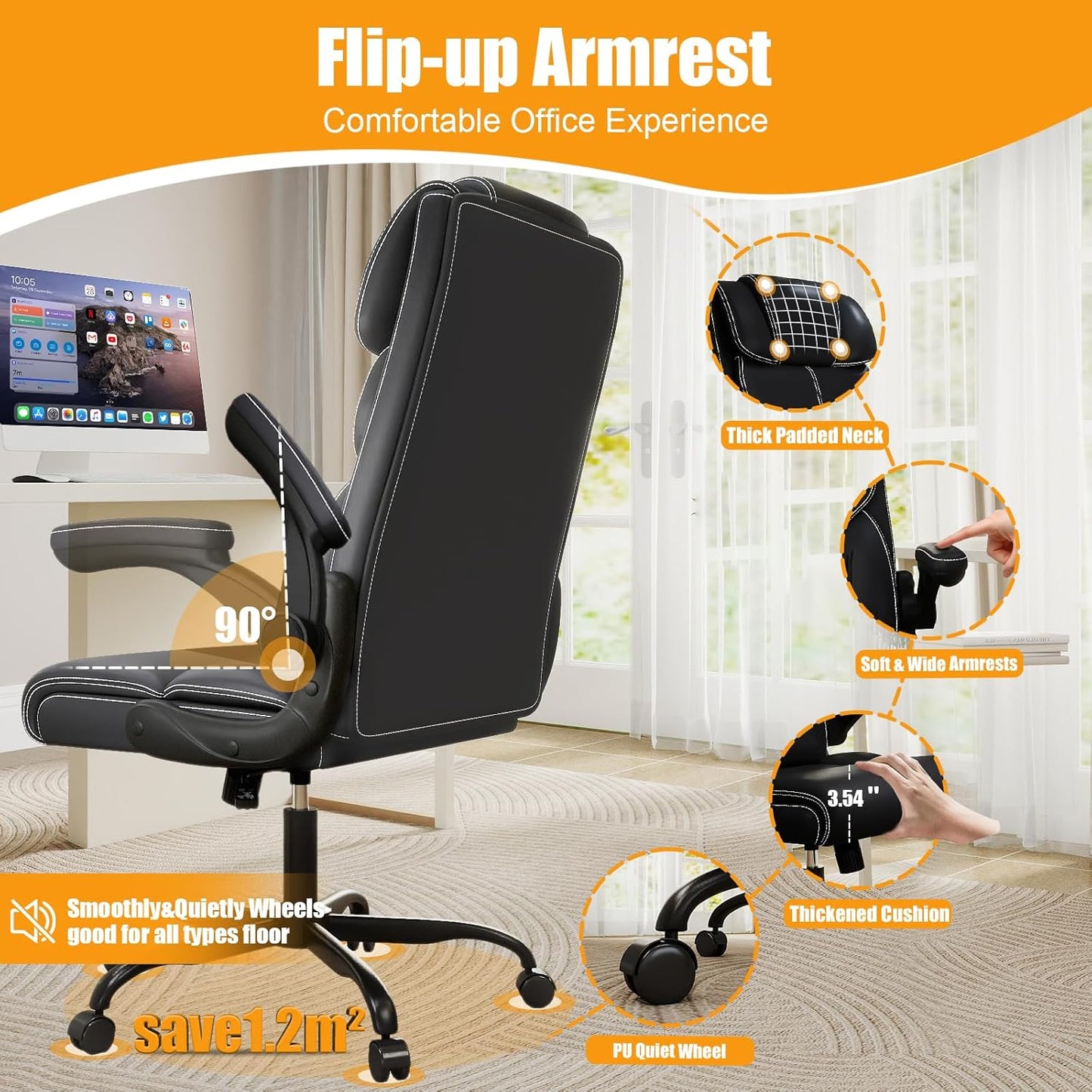 Executive Office Chair with Flip-Up Armrests,Ergonomic Computer Desk Chairs,Big and Tall Leather Office Chair 400Lbs,Lumbar Support Swivel PC Chair with Rocking Function