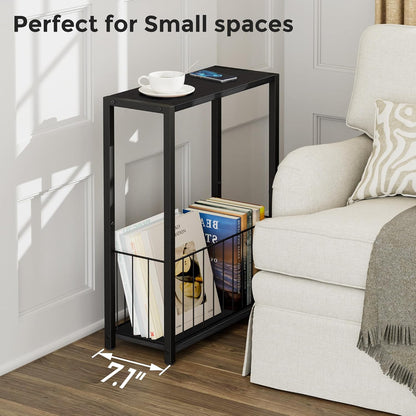 Narrow Side Table with Magazine Holder, Skinny End Table Perfect for Small Spaces, Space-Saving Design for Living Room, Bedroom, or Office, 7.1" D X 16.9" W X 23.6" H, Black