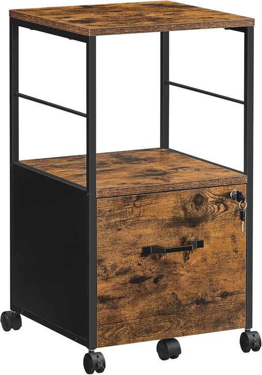 1 Drawer File Cabinet with Lock, Printer Stand, Office Filing Cabinet Organizer, for A4 and Letter Size Documents, Rustic Brown and Black UOFC044B01
