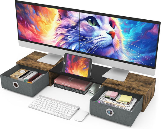 Dual Monitor Stand Riser with Two Drawers, Extra Large Storage for 2 Monitors, Desktop Oraganizer Computer,Laptop,Screen,Printer,Tv