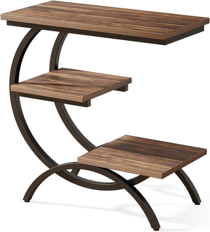 C-Shaped End Table, Industrial 3-Tier Small Side Table for Couch, Wood Bedside Table Snack Side Table with Storage Shelves for Living Room Small Space, Rustic Brown