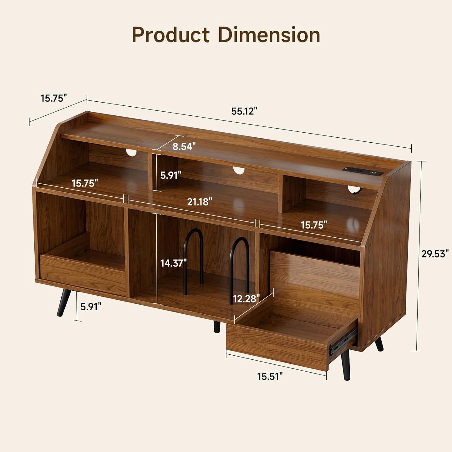 55 Inch Record Player Stand with LED Light, Modern Vinyl Record Storage Cabinet with 2 Drawers & Open Shelves, Holds up to 500 Albums, Turntable Stand W/Charging Station for Living Room Bedroom Walnut
