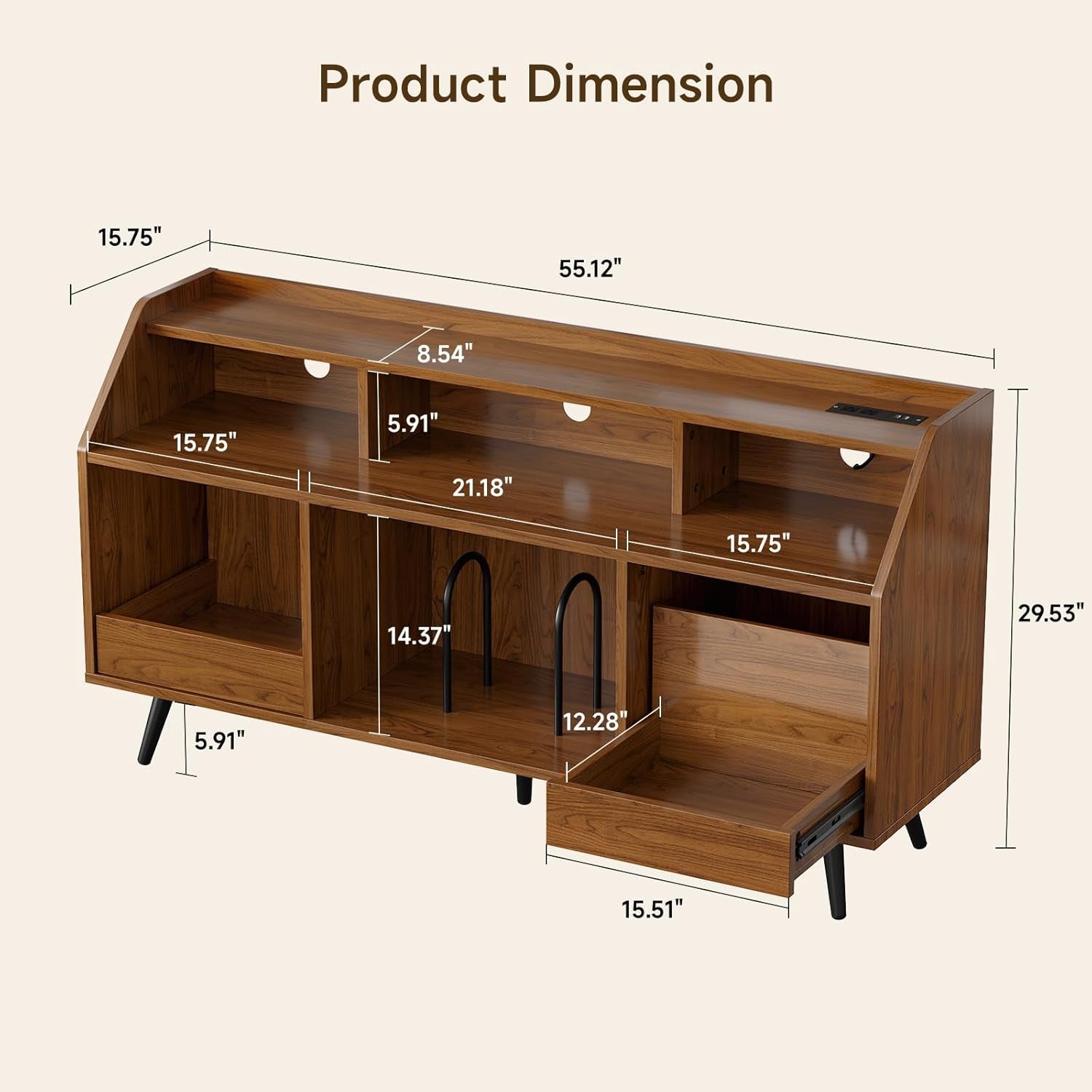 55 Inch Record Player Stand with LED Light, Modern Vinyl Record Storage Cabinet with 2 Drawers & Open Shelves, Holds up to 500 Albums, Turntable Stand W/Charging Station for Living Room Bedroom Walnut