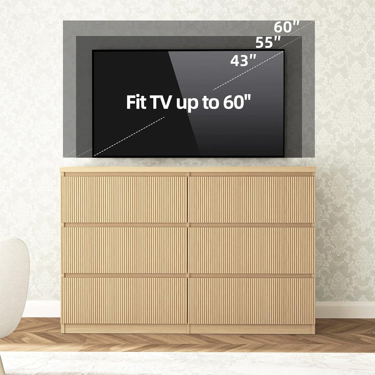 Fluted Dresser for Bedroom,48'' Modern 6 Drawer Dresser with Deep Drawer,Wide Storage Chest of Drawer,Wood Bedroom Storage Organizer Furniture for Living Room,Hallway,Closet
