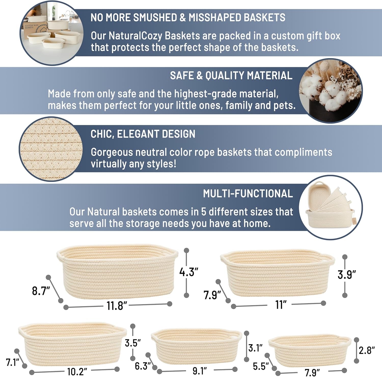5-Piece Rectangle Storage Basket Set- Natural Cotton Rope Woven Baskets for Organizing! Small Basket for Montessori, Baby Nursery, Dog Toy Baskets, Cat Toy Box, Bathroom Organization Bin