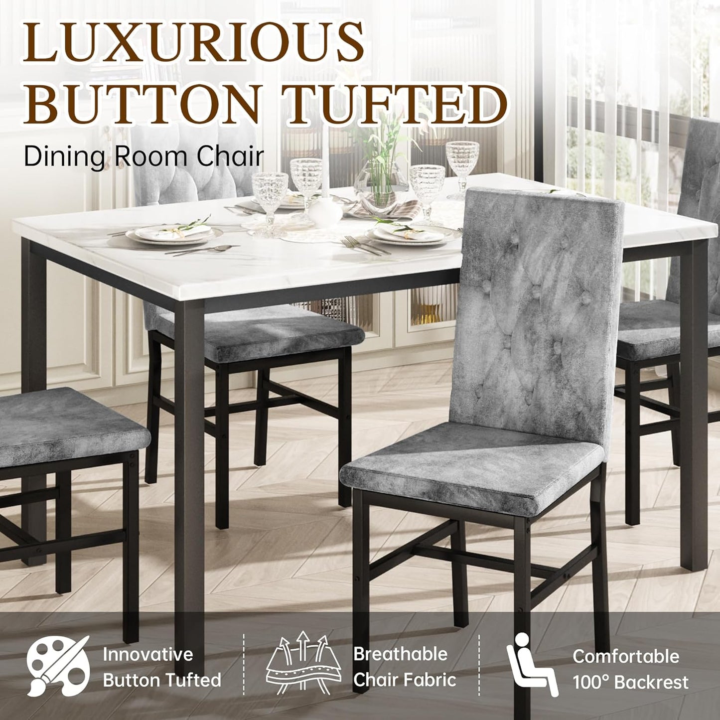 Dining Table Set for 4, Faux Marble Small Kitchen Table Chairs Set of 4 with Luxurious Button Tufted Dinner Chairs for Kitchen and Dining