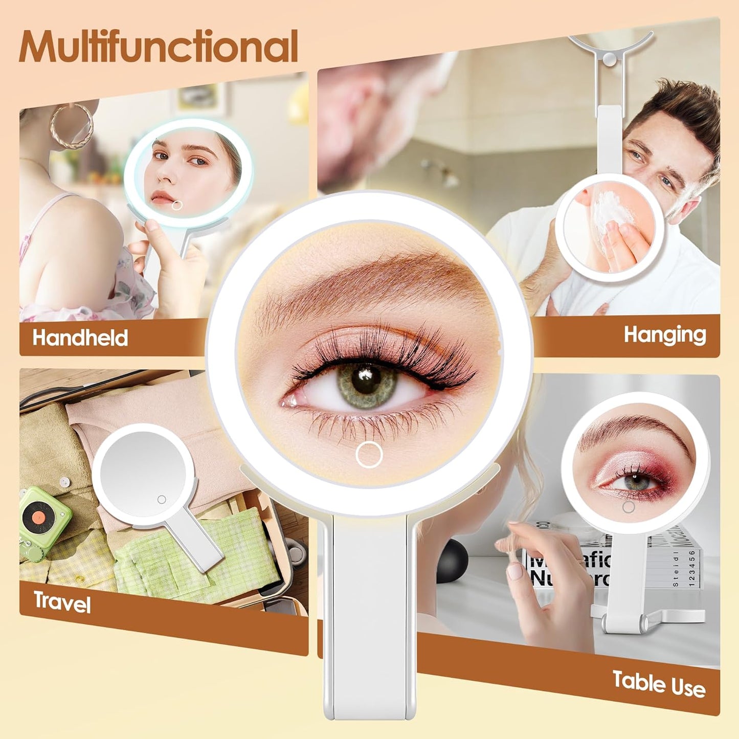 Magnifying Mirror with Light, Double Sided 30X/1X Lighted Travel Makeup Mirror with Magnification, 3 Color Lighting, Dimmable Touch Screen, Adjustable & Foldable Hand Mirror (White)