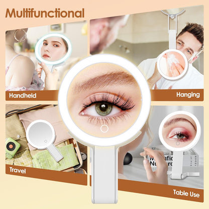 Magnifying Mirror with Light, Double Sided 30X/1X Lighted Travel Makeup Mirror with Magnification, 3 Color Lighting, Dimmable Touch Screen, Adjustable & Foldable Hand Mirror (White)