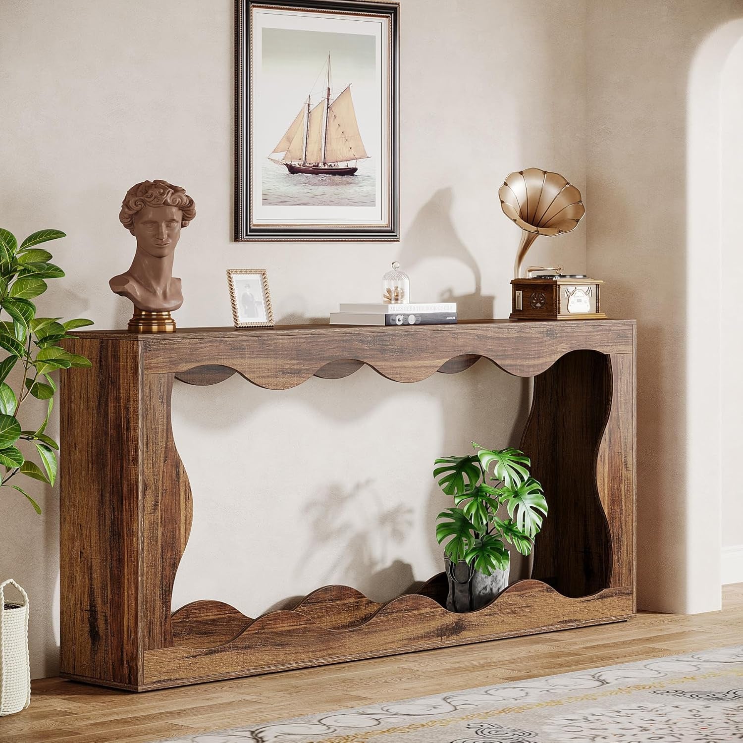 63 Inches Farmhouse Console Table with Storage, Couch Table behind Sofa, Long Entryway Sofa Station, Narrow Console Stand, Hallway Stand for Entryway Living Room, Brown