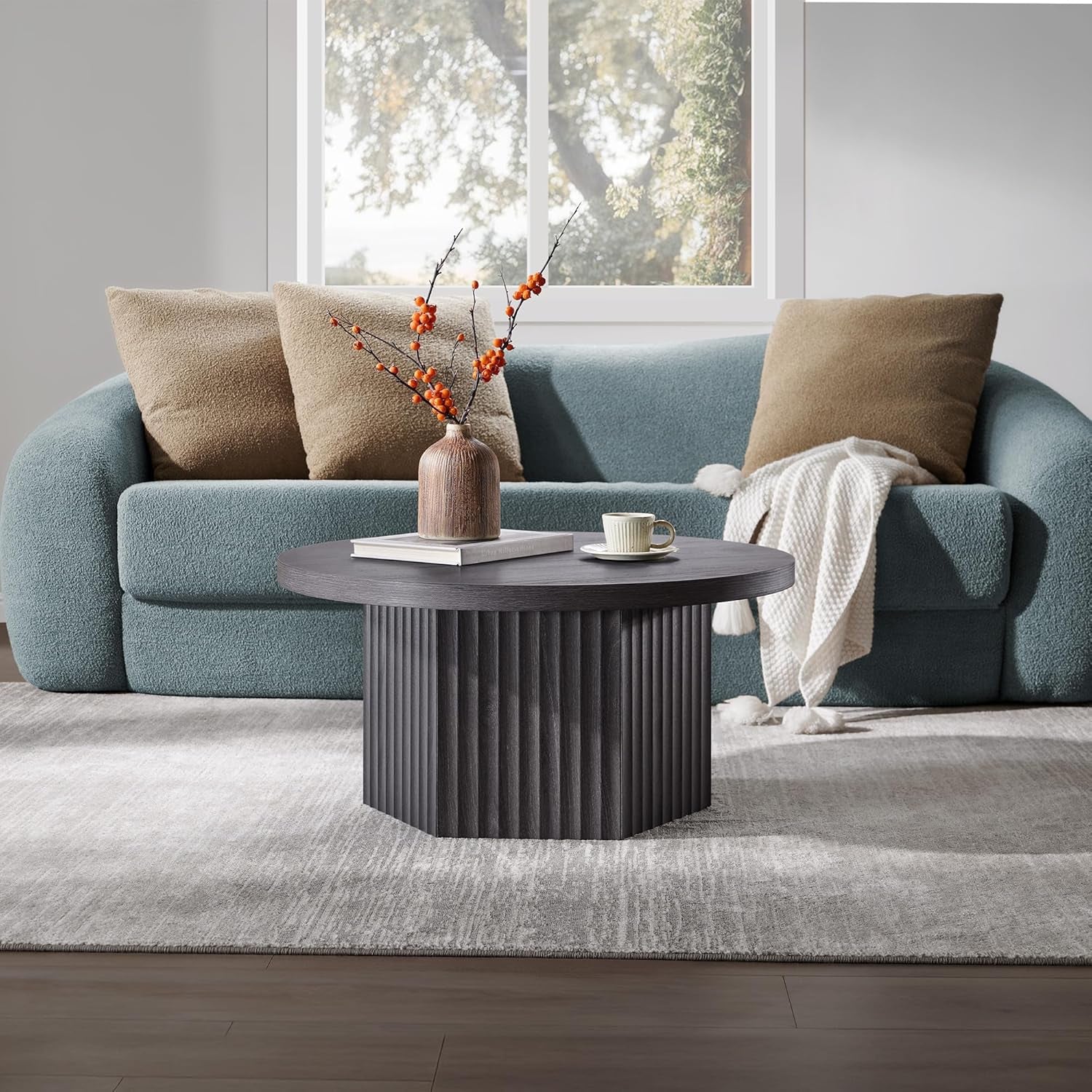 round Coffee Table for Living Room, Mid Century Modern Fluted Center Coffee Table with Storage, 32" Circle Accent Tea Dining Table for Apartment, Dark Grey Alder